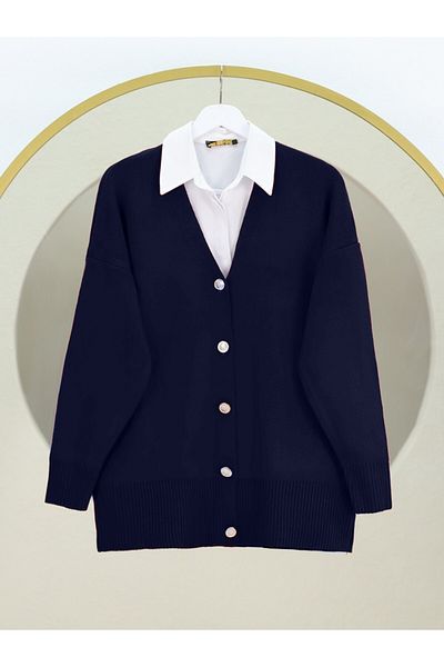 Modamorfo V-Neck Buttoned Knitwear Cardigan - Navy