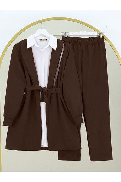 Modamorfo Metal Yaklaş Creative Mer Moda over Jacket and Pantalon Set - Coffee