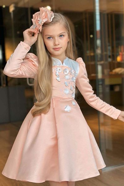 Riccotarz Girl's Back Zipper Detailed White Color Breast Daisy Detailed Watermelon Sleeve Pocket Salmon Dress