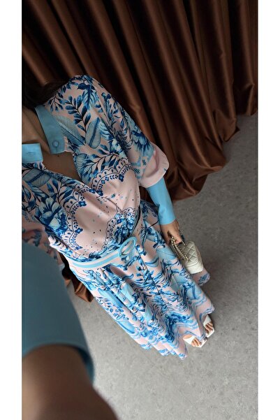 HAZELANNA Mavi İri Manşetli İthal Elbise