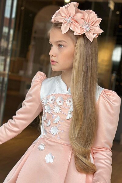 Riccotarz Girl's Back Zipper Detailed White Color Breast Daisy Detailed Watermelon Sleeve Pocket Salmon Dress