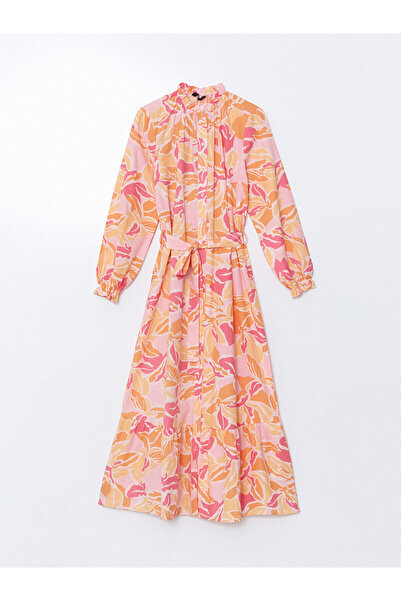 LC Waikiki LCW Modest Mixte Volane Guler în picioare Floral Femei Cămașă Rochie