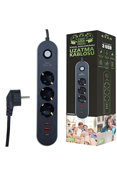 IRONSTAR 2MT 2xUSB 1xTYPE-C AKIM KORUMALI PRİZ 3'LÜ (YÜKSEK AKIM 'A KARŞI KOR...