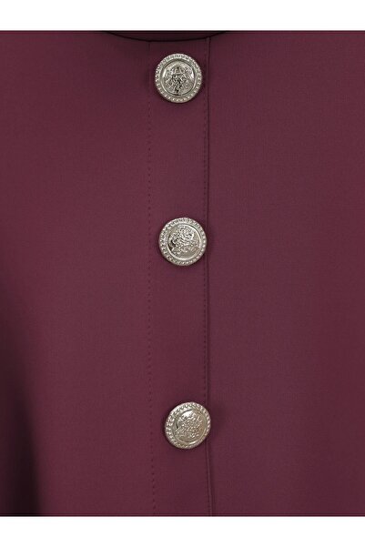 Modamorfo Button Detailed Stand Collar Scuba Suit with Ruffles on the Shoulders - Burgundy