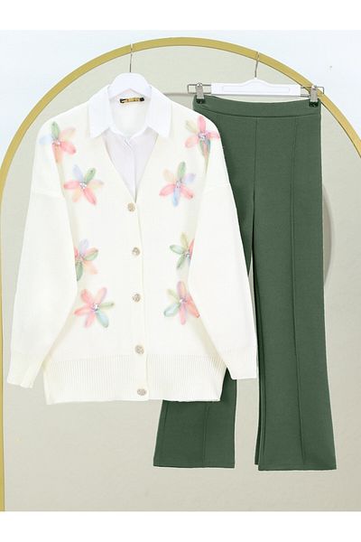 Modamorfo V-Neck Organza Tulle Floral Embroidery Knitwear Cardigan -Powder