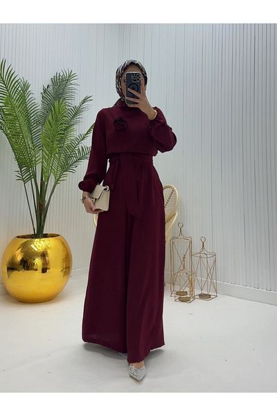 Modamorfo Stand Collar Belted Rose Jumpsuit - Burgundy