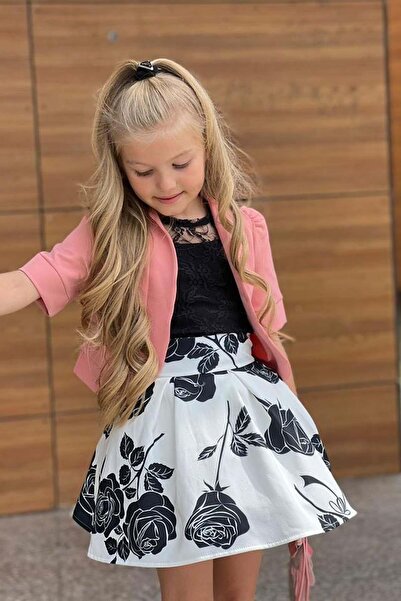 Riccotarz Girl's Sheer Lace Blouse and Strappy Tank Top Powder Blazer Jacket Rose Printed Skirt Suit