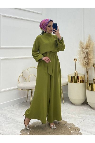 Modamorfo Stand Collar Belted Rose Jumpsuit - Oil Green