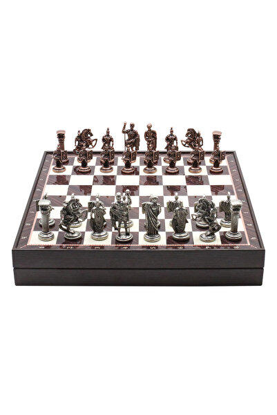 Cooper Chess 36cm Ceviz Desenli Ahşap Kutulu | Bronz Metal Antik Roma Satranç...