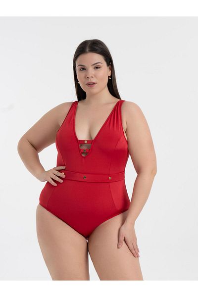 AQUAVİVA Aquaviva Women's Red Plus Size Jenna Push up V Neck Eyelet Swimsuit