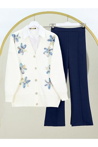Modamorfo V-Neck Organza Tulle Floral Embroidered Knitwear Cardigan -Indigo