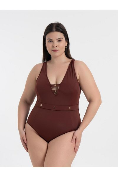 AQUAVİVA Aquaviva Women's Brown Plus Size Jenna Push up V Neck Eyelet Swimsuit