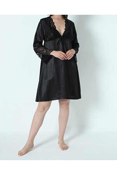 ROZELT Kadın Siyah Saten Çeyiz Seti 6 Parça Dantelli Sabahlık Gecelik Pijama Şortlu Takım R.O.Z.8.6.E.LT.A