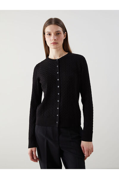 LC Waikiki Lcw Modest Black Crew Neck Self Patterned Women's Knitwear Cardigan