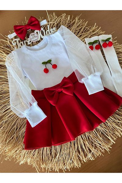 EBRU ÖZÖRGÜCÜ Girl's Cherry Tulle Skirt with Sleeves, Bandana and Socks Set