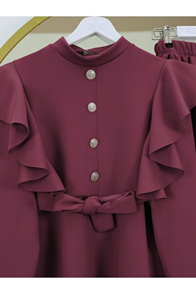 Modamorfo Button Detailed Stand Collar Scuba Suit with Ruffles on the Shoulders - Burgundy