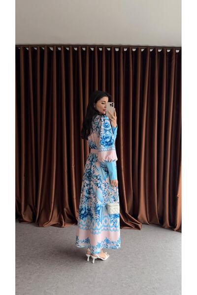 HAZELANNA Mavi İri Manşetli İthal Elbise