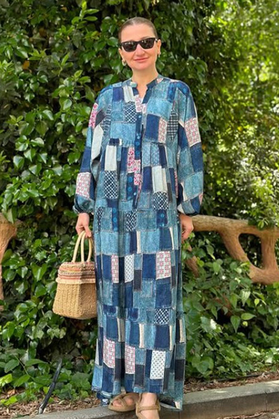 AYASOFYA OTANTIK Kadın İndigo Mavi Düğmeli Hakim Yakalı Denim Jean Görünümlü Patchwork Balon Kolu Uzun Elbise