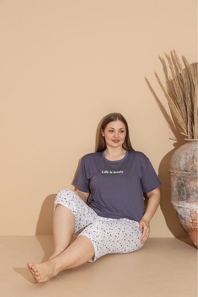 makkash Women's Summer Short Sleeve Bermuda Milan Fabric Large Size Oversize Bamboo Anthracite Pajama Set