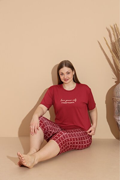 makkash Women's Summer Short Sleeve Bermuda Milan Fabric Large Size Oversize Bamboo Claret Red Pajama Set