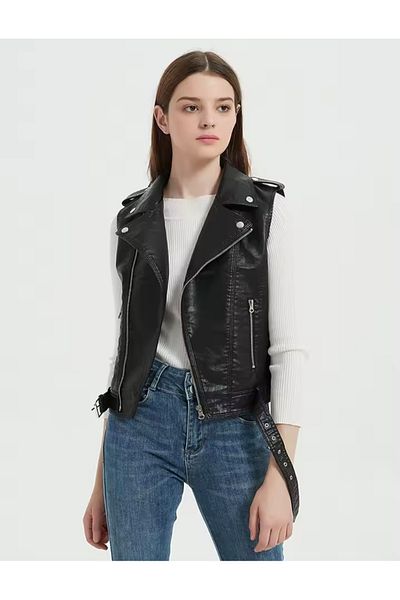 NYC GİYİM TEKSTİL Genuine Lambskin Women's Biker Style Biker Vest