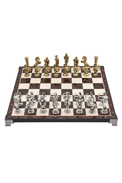 Cooper Chess 30cm Ceviz Desenli Mitolojik Altın Roma Okçu Figür Satranç Takımı Dekoratif Hediyelik Satranç Seti