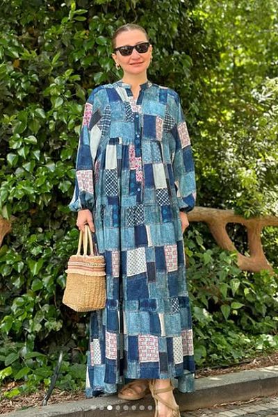 AYASOFYA OTANTIK Rochie lungă cu mânecă cu bule de damă, albastru indigo, cu nasturi, guler de judecător, aspect de blugi