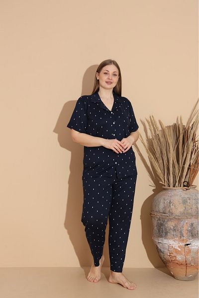 makkash Soft Textured Milan Fabric Front Buttoned Large Size Navy Blue Polka Dot Women's Pajama Set