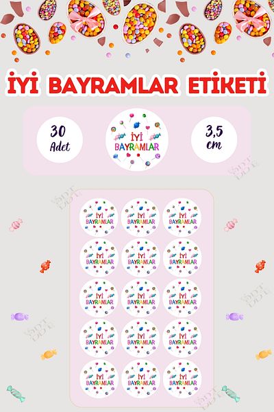 Burak Baskı Tasarım Colorful Happy Holidays Sticker Pkg. 30 Pieces 3.5 cm Ramadan Eid Al-Fitr Tag
