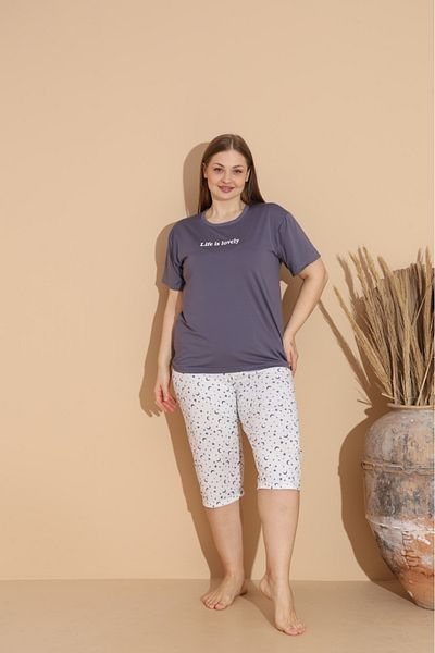 makkash Women's Summer Short Sleeve Bermuda Milan Fabric Large Size Oversize Bamboo Anthracite Pajama Set