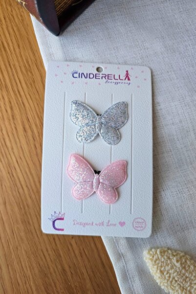 Cinderella 2'li Simli Kelebekli Saçsız Bebek Tokası - Az Saçlı Kız Bebek Toka...