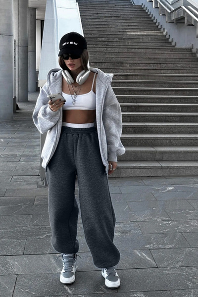 BSBSPOR Large Size Comfortable Double Pocket Sweatpants Loose Black Gray Anthracite