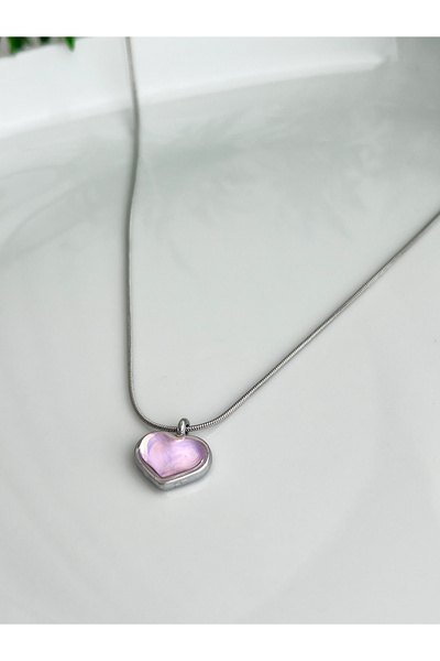 ALEYKA Çelik zincir ile tasarlanmış altın ve rodyum kaplama hologram kalp kolye