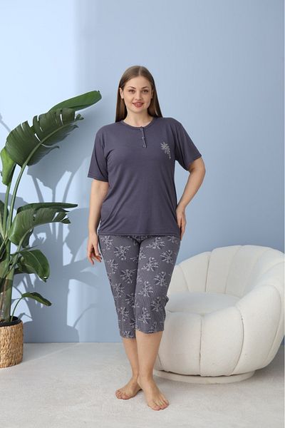 makkash Women's Summer Short Sleeve Bermuda Bamboo Fabric Large Size Oversize Bamboo Navy Blue Pajama Set