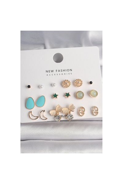 Skygo 9 Pairs Women's Earring Set - Gold Color Zircon Stone Bow Crescent
