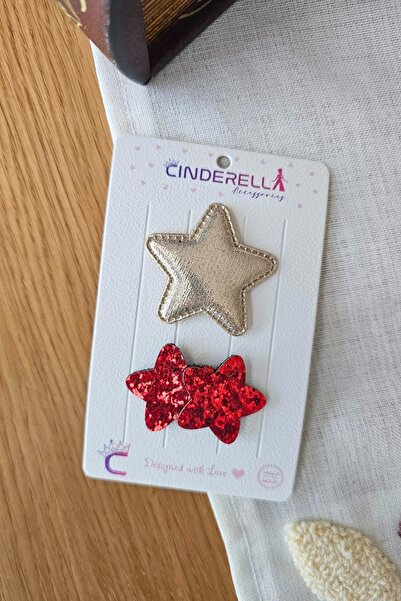 Cinderella 2'li Kırmızı Gold Renkli Yıldızlı Yumuşak Saçsız Bebek Tokası - Az...
