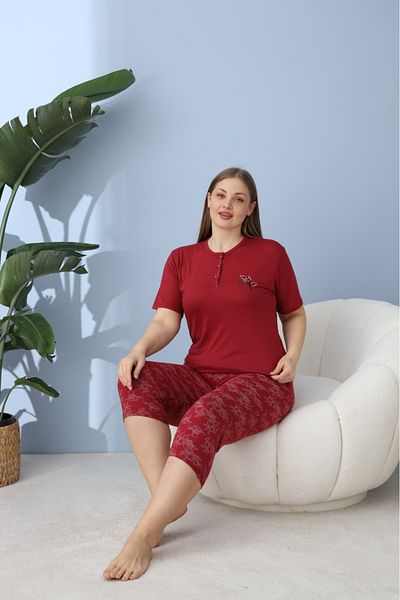 makkash Women's Summer Short Sleeve Bermuda Bamboo Fabric Large Size Oversize Bamboo Claret Red Pajama Set