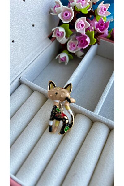 Enfes Takı Özel Tasarım etnik desenli krem simalı kedi Broşu