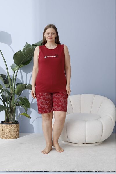 makkash Women's Summer Tank Top - Shorts Bamboo Fabric Large Size Oversize Claret Red Pajama Set