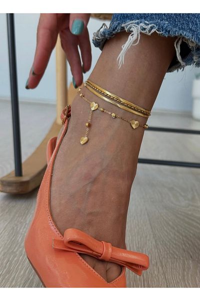 SU PERİSİ TAKI BİJUTERİ Steel Gold 3 Row Italian Chain and Dorica Anklet