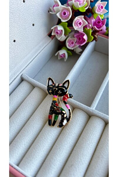 Enfes Takı Özel Tasarım etnik desenli siyah simalı kedi Broşu