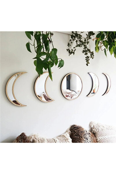 NT Handmade Gümüş Pleksi Akça Ağaç 5 Parça Ayın Halleri Duvar Dekoru Ayna