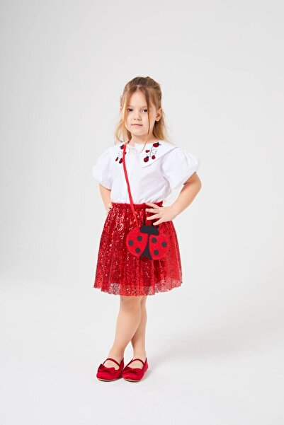 Elidabutik Yakası uğurböceği nakışlı pul payetli gömlek+etek+çanta takım