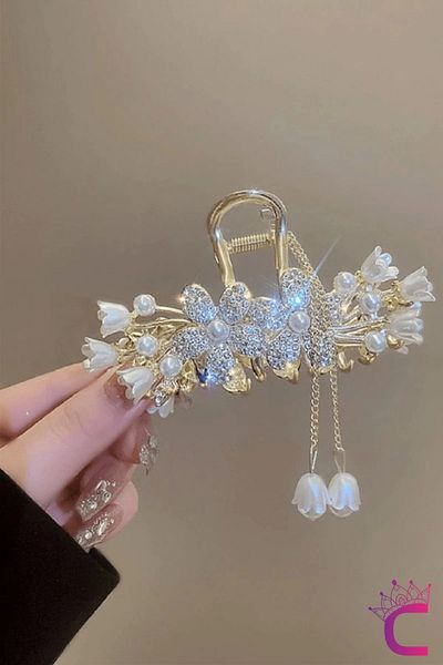 Cinderella Cataramă pentru femei din metal auriu cu perle și pietre Cicekli 11 cm