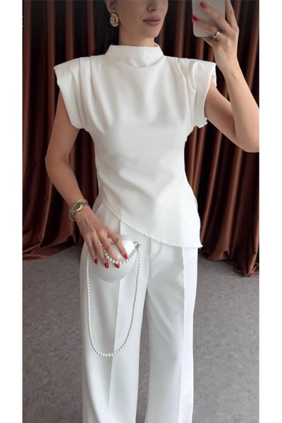 Safgiyim44 Asymmetrical Cut Sandy Fabric Blouse with Padded Shoulder