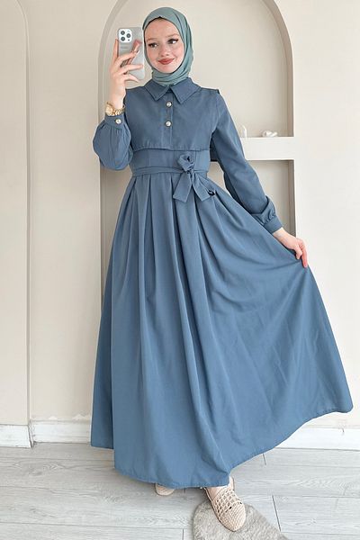 ButikMoor Mo336 Indigo Dress with Collar Detail