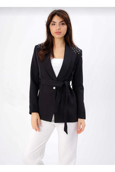 EsSo butik Belted Shoulders Stone Embroidered Double Fabric Blazer Jacket
