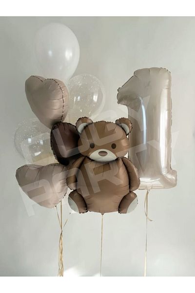 CUGY Retro 1 Year Old Bear Figure Birthday Party Set with Heart Balloon