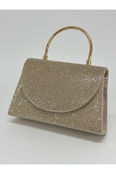 NAZART Women's Stoned Gold Gold Evening Dress Clutch Chain Strap Hand Wedding Engagement Night Shoulder Bag