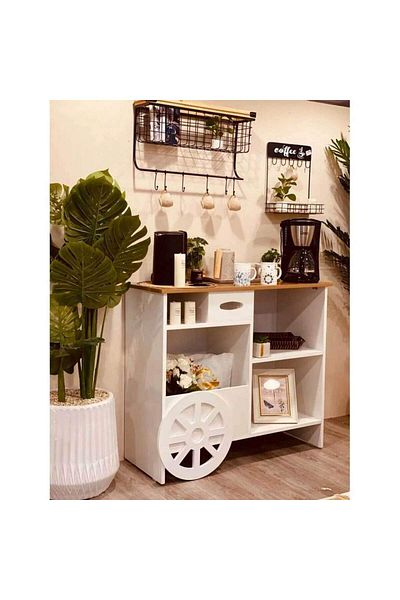 House One ركن القهوة | طاولة قهوة من خشب MDF بسعة تخزين كبيرة - بيج وأبيض - 100 × 40 × 88 سم